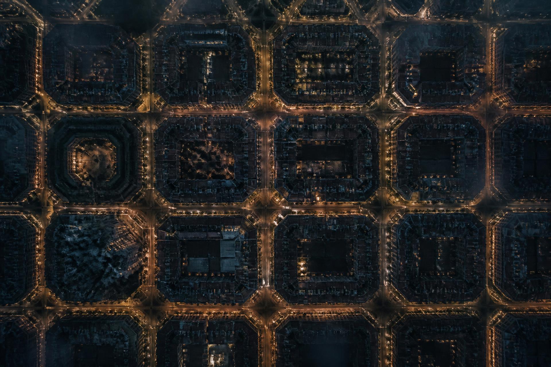 Barcelona Eixample superblocks at night